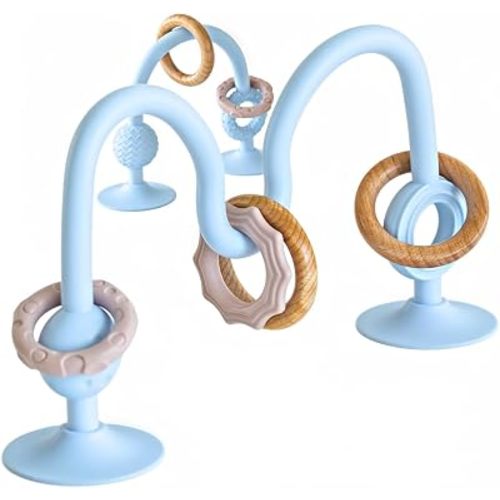 High Chair Suction Toy for High Chair Trays, Baby Suction Cup Toy with Large Suction Base, Food Grade Silicone and Wooden Rings, Sensory Toy 6-12 Months