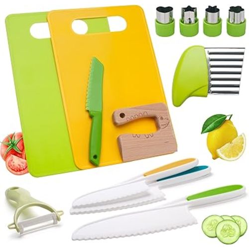 13Pcs Montessori Kitchen Tools for Toddlers Kids Cooking Sets Safe Knife Set for Real Cooking Include Toddler Plastic Knives Cutting Boards Crinkle Cutter Sandwich Cutters Peeler