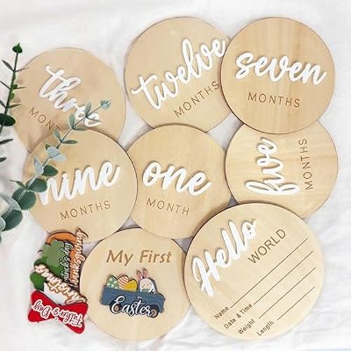 Monthly Baby Milestone Maker Discs, Baby Milestone Signs for Newborn Baby, Hello World Newborn Sign for Baby Girl & Boy, Baby Announcement Sign for 1-12 Month, Milestone Wooden Circles (White)