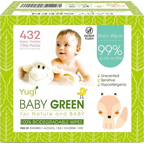 Yugi Green Baby Wipes Unscented Compostable Biodegradable and Organic– Value Pack (6 Packs of 72) 432 for Sensitive Skin