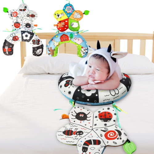 vocheer Tummy Time Pillow with Crinkle Mat & Teethers, Black and White High Contrast Baby Toys with Mirror, Montessori Sensory Crawling Toy for 0-12M