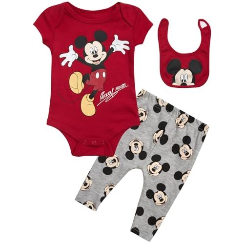 Disney Baby Boys' Outfit Set - 3 Piece Newborn Essentials Gift Set with Bodysuit, Pants, and Bibs (Infant Sizes:0-9M)
