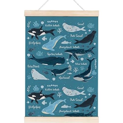 Hxlac Blue Whale Decor Poster Hanger Frame, Ocean Nursery Decor Banner Wall Art with Wood Frames, Blue Ocean Animals Whale Knowledge Wall Hanging Decor for Kids Room Nursery Playroom(12x16 inch)