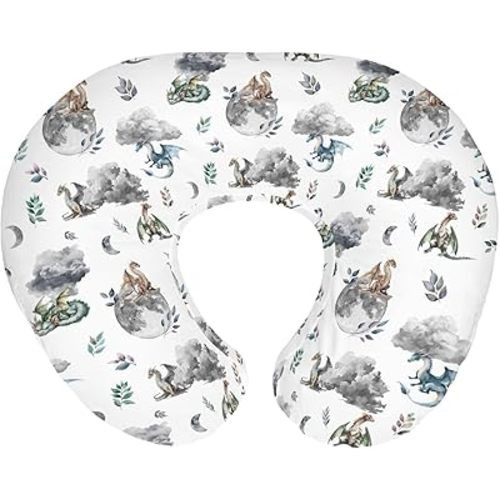 Watercolor Dragons Baby Nursing Pillow Covers for Boy Girl Fairytale Dragon Wings Leaves Nursing Slipcovers for Breastfeeding Pillows Dragon Moon Cloud Soft Stretchy Removable Cover for Newborn Infant