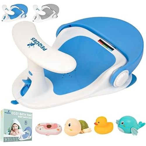 Baby Bath Seat for Babies 6 Months & Up Sitting Up | Non-Slip Bath Seat with Safety Suction Cups & Temperature Alert, Baby Bath Seat for Tub, Shower & Bathtub (Blue)