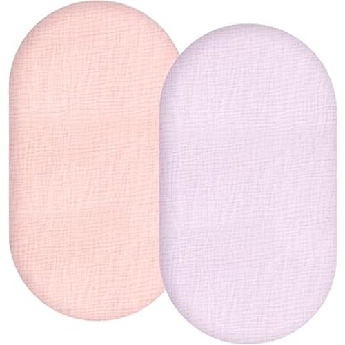 Synrroe 2 Pack Muslin Bassinet Fitted Sheets - 100% Cotton, Fits Oval/Rectangle/Hourglass Bassinet Mattresses, Pink & Purple, Soft Breathable Newborn Baby Bassinet Sheets