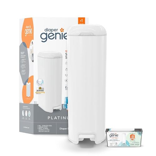 Diaper Genie Platinum Pail (Lilly White) is Made of Durable Stainless Steel and includes 1 Easy Roll Refill with 18 Bags That can Last up to 5 Months.