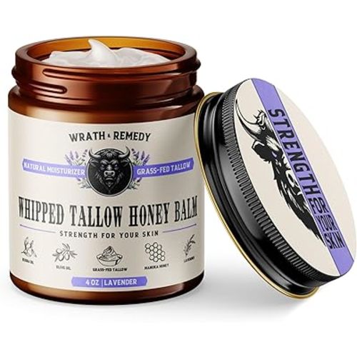 Wrath & Remedy Handmade Whipped Organic Beef Tallow for Skin - 4 OZ (Lavender) — Grass Fed Beef Tallow Moisturizer and Honey Balm for Silky, Sensitive-Skin, Eczema, Rosacea - Free of Harsh Chemicals