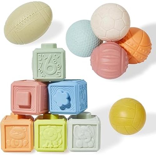 Montessori Toys Soft Stacking Building Blocks Baby Toys 6 to 12 Months, Sensory Ball Toys for Babies Toddlers 1-3 Teething Bath Sports Toys for Infants Learning Toy