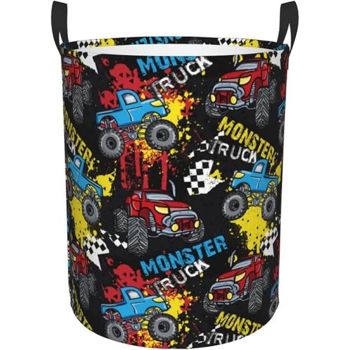 Laundry Basket Monster Truck Room Decor,Round Laundry Hamper Waterproof Dirty Clothes Hamper Collapsible Laundry Baskets With Handles,Toy/Clothes Storage Basket For Home Dorm Bathroom Decor