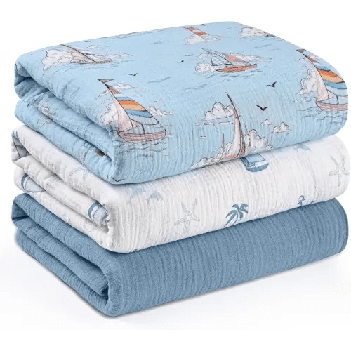 Muslin Swaddle Blankets for Newborn, 3 Pack Breathable Soft Receiving Blanket, Large 38 x 40 inches Swaddle Wrap Burping Clothes, Essentials Infant Shower Items, Toddler Gift (Blue Sea)