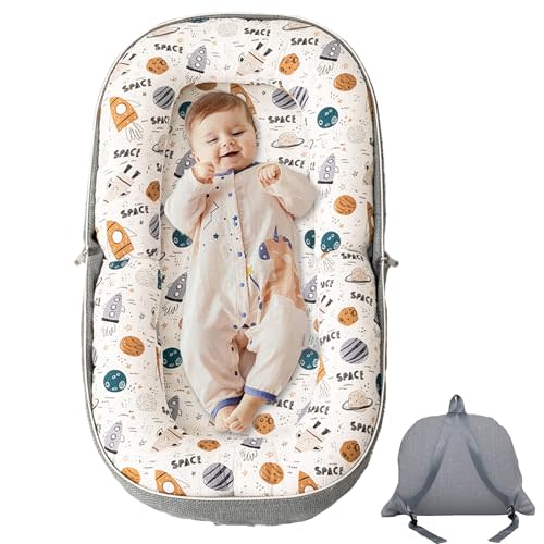 GloTika Baby Lounger, Foldable Infant Nest Pillow with Soft Memory Foam Mat, Cover with Adorable Pattern, Converts to Backpack for Easy Travel, 0-12 Months, Rocket