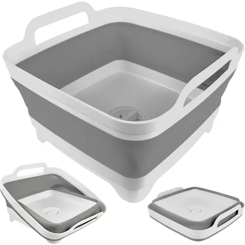 Collapsible Wash Basin for Baby Bottles with Drain Plug, 2.4 Gallons Space-Saving Camping Sink for RV, Collapsible Dish Tub (Gray)