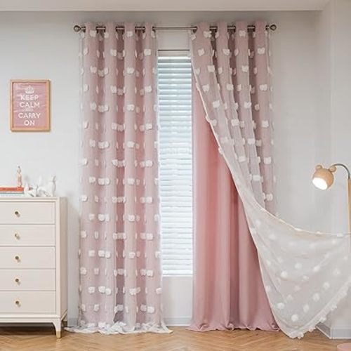 MYSKY HOME Light Blocking Pink Curtains for Living Room White Sheer Pom Pom Kids Room Decor Drapes 108 Inches Long Double Layer Curtain for Sliding Door Grommet Window Panels Set of 2 52" x 108"