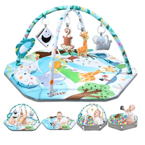 Baby Gym Play Mat, 8-in-1 Tummy Time Mat & Ball Pit with 6 Toys, Washable Baby Activity Play Mat for Visual, Hearing, Sensory, Motor Development, Baby Toys Gift for Toddler Infant 0-3-6-9-12 Months