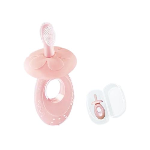Baby Toothbrush & Teether for Infant and Toddler, Silicone Baby Oral and Tongue Cleaner, Ultra Soft Infant Training Toothbrush with Travel Case, Adjustable Safety Shield - Pink