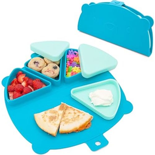 Silicone On-The-Go Snack Mat – Foldable Reusable Placemat with 3 Compartments and Lids – Travel-Friendly Baby and Toddler Snack Plate – Dishwasher Safe (Ocean)