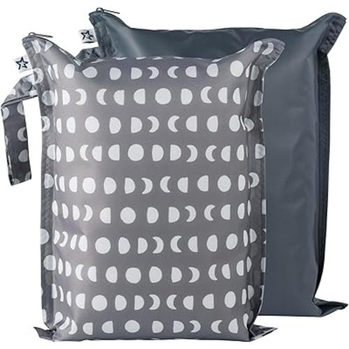 Tiny Twinkle Mess-proof Wet Bags 2 Pack Waterproof and Washable Bag for Travel storage, Stroller, Daycare, Baby Diapers, Yoga, Beach, Pool, Wet Toddler Swimsuits (Luna)