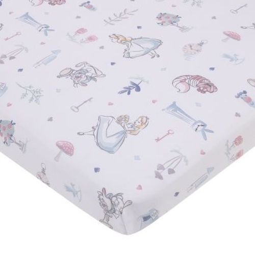 Disney Alice In Wonderland Light Blue, Pink, And White, Rabbit, And Cheshire Cat Super Soft Nursery Fitted Mini Crib Sheet