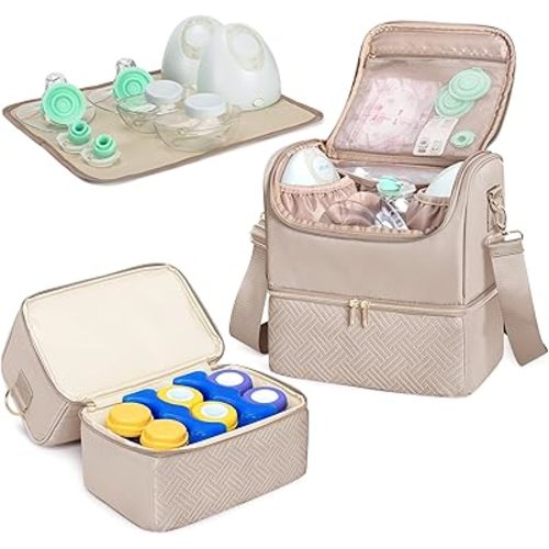 Fasrom Breast Pump Bag with Cooler Compartment Compatible with Momcozy, Medela and Willow Hands Free Pump, Pumping Tote with Waterproof Mat, Camel