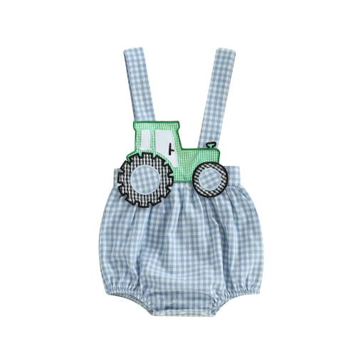 Baby Boy Tractor Overall Romper Gingham Plaid Sleeveless Bodysuit Cute Farm Clothes for Spring Summer Outfits
