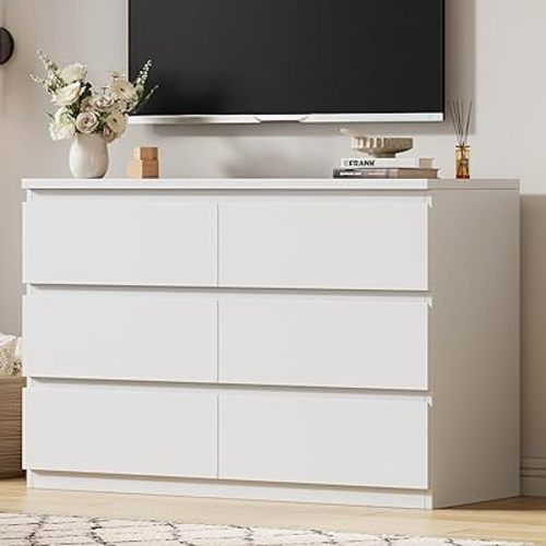 6 Drawer Double Dresser for Bedroom, Modern Simply Chest of Drawers, Wood Storage Dresser with Anti-Tipping for Living Room Hallway Entryway, Nursy White (15.3" D x 47.2" W x 32.3" H)