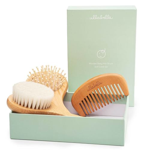 3 Piece Wooden Baby Hair Brush and Comb Set for Newborns & Toddlers in Chic Gift Box - Ultra Soft Natural Goat Hair and Wood Baby Brush Set Prevents Cradle Cap - Perfect Registry Gift (Sage)