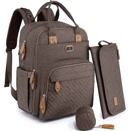 Dikaslon Diaper Bag Backpack with Portable Changing Pad, Pacifier Case and Stroller Straps, Large Unisex Baby Bags for Boys Girls, Multipurpose Travel Back Pack Moms Dads, Brown