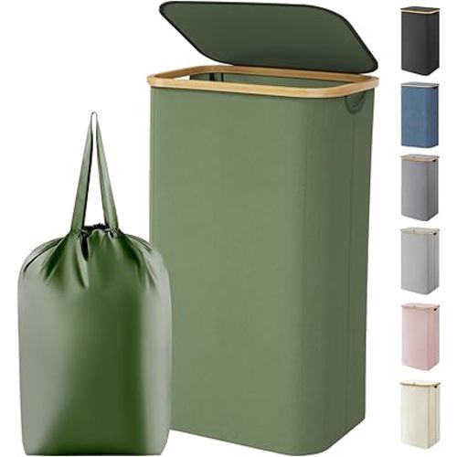 Lifewit 100L Laundry Basket with Lid, Clothes Hampers for Laundry with Bamboo Handles and 1 Removable Bag, Large Foldable Laundry Hamper for Bedroom, Bathroom, Dorm, Laundry Room, Green