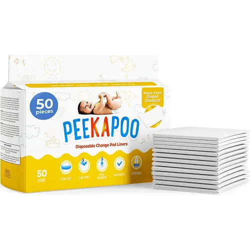 Peekapoo - Disposable Changing Pad Liners (50 Pack) Super Soft, Ultra Absorbent & Waterproof - Covers Any Surface for Mess Free Baby Diaper Changes