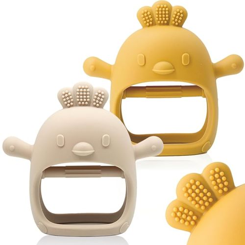 2 Packs Baby Teething Toy for 0-6 6-12 Months, Food Grade Silicone Teething Mitten, Anti Dropping Wrist Hand Teethers Baby Chew Toys for Sucking Needs, BPA Free - Ginger & Caramel