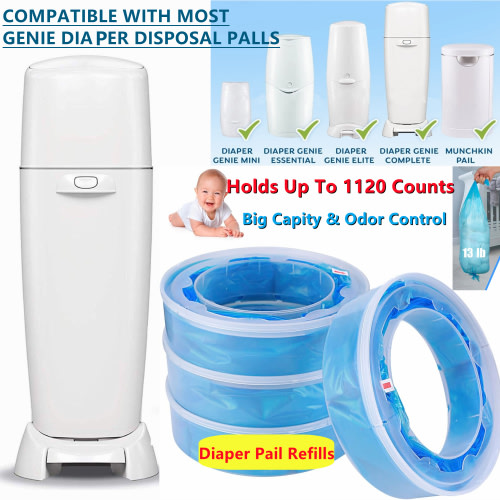 Diaper Pail Refills, 4 Packs Holds Up To 1120Counts Diaper Pail Refills Bags, Baby Diaper Pail Refills Compatible with Diaper Genie Pails，Elite and Complete Pail