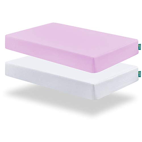 Biloban Pack and Play Sheets Fitted, 2 Pack Pack and Play Sheet Fits for Graco Pack n Play Mattress, Neutral Playard Sheets for Baby Boys and Girl, White & Violet, 38”X 26”