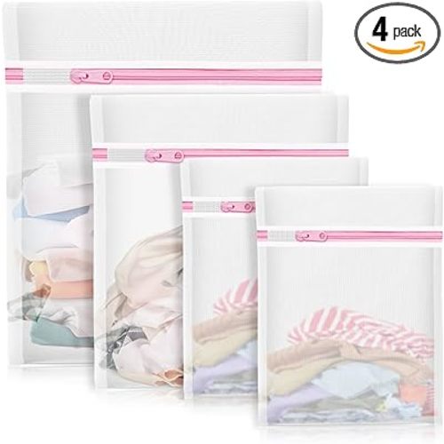 4Pcs Mesh Laundry Bags, Lingerie Bags for Washing Delicates,Mesh Wash Bags for Toy Storage & Cleaning, Travel Storage Organizer Bag, Dorm Room Essentials (1 Large, 1 Medium, 2 Small) (Fine Net)
