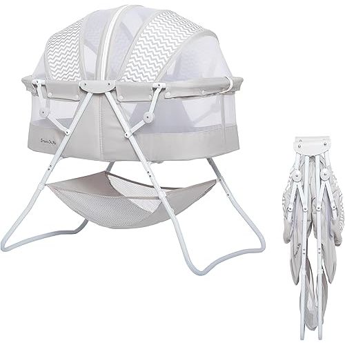 Dream On Me Karley Bassinet in Grey, Lightweight Portable Baby Bassinet, Quick Fold and Easy to Carry , Adjustable Double Canopy, Indoor and Outdoor Bassinet with Large Storage Basket.