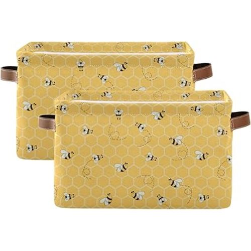 Storage Basket Cute Animal Bee Collapsible Storage Bins Canvas Fabric Baskets for Organizing Toy with Handle for Bedroom Nursery Office, 2PCS