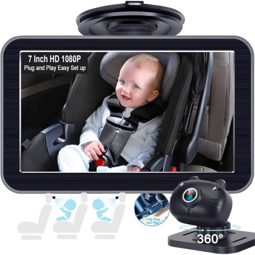 DoHonest Baby Car Camera 7-Inch: USB Plug and Play Easy Setup 360 Degree Rotating Backseat Camera Two Kids HD 1080P Rear Facing Car Seat Cameras Clear Night Vision -V9