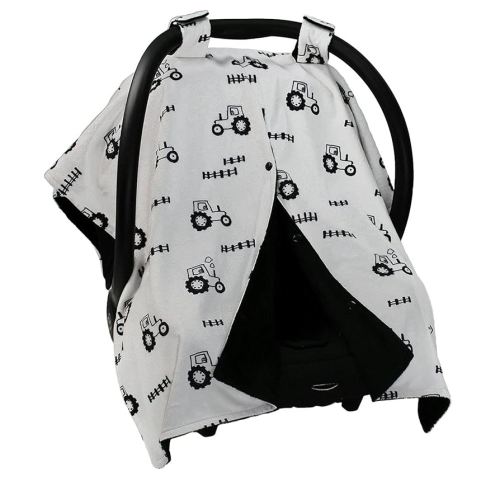 Dear Baby Gear Car Seat Cover for Boys & Girls - Baby Carseat Canopy w/Snap Opening - Infant Seat Cover - Nursing Covers - Newborn Carrier Canopy - 40x30 (Black and Gray Farm Tractors & Fence)