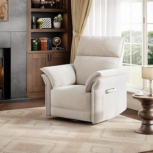 GarveeHome Power Recliner Chair Swivel Glider Upholstered Chenille Nursery Rocker Reclining Sofa Chair with Charging Port, Double-Layered Armrests & Side Pocket for Living Room and Bedroom (Beige)