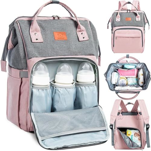 KeaBabies Baby Diaper Bag Backpack - Baby Bag for Boys, Girls, Waterproof Multi Function Baby Backpack, Large Diaper Bags for Baby Girl, Baby Boy, Travel Diaper Bag with Changing Pad(Pink Gray)