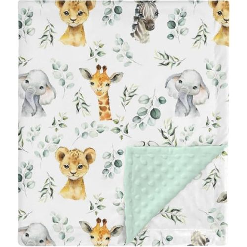 African Safari Jungle Animal Mink Baby Blanket Dotted Backing Boy Girl, Blue Elephant Giraffe Zebra Double Layer Flannel Nursery Bed Blankets, Soft Plush Newborn Infant Toddler Crib Bedding 30 x 40