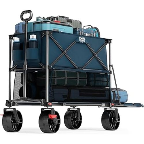 TIMBER RIDGE 400L Large Capacity Folding Double Decker Wagon with Brakes, 54" Extra Long Extender Wagon Cart, 450lbs Heavy Duty Collapsible Cart, All-Terrain Big Wheels for Camping, Sports, Shopping