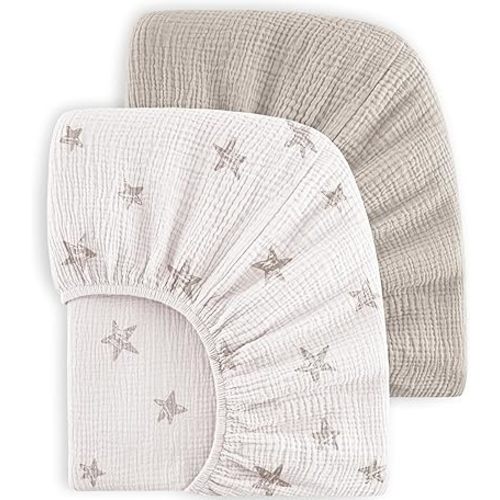 Bearmoss Muslin Crib Sheets - 100% Cotton Baby Crib Sheets Fitted for Standard Crib Mattress & Toddler Bed Mattress 52"x28" Soft Breathable Crib Sheet Neutral for Boys Girls - 2 Pack (White Star)