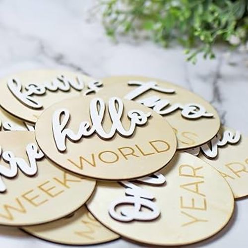 Wooden 3D Monthly Milestone Discs for Baby Photos (20 pcs Set), First Year Monthly Milestone Marker, Includes 1-5 Years, Natural Stained