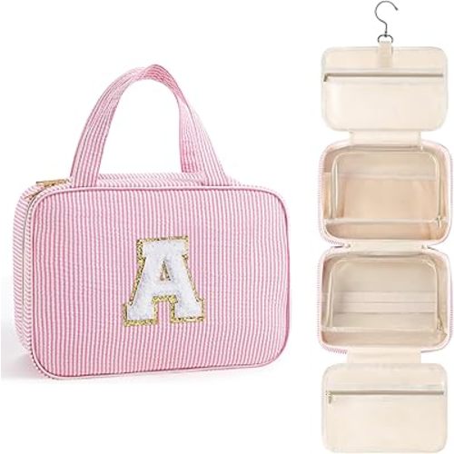 TOPEAST Hanging Toiletry Bag Makeup Bag for Women Girls, Large Capacity Personalized Initial Toiletry Bag Cosmetic Bag, Birthday Gifts for Women Teen Girls, Pink A