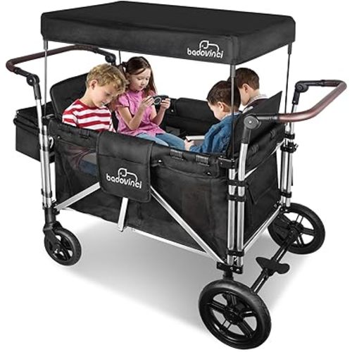 Stroller Wagon for 4 Kids, Folding Wagon Stroller 4 High Seat,Wagon Cart with 5-Point Harnesses and Adjustable Canopy, Foldable Double Push Bar Wagon Stroller 4 Seater for Garden, Camping (Black)