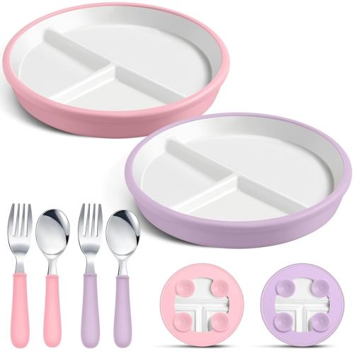 2 Pack 8" Large Porcelain Toddler Plates Feeding Set, Ceramic Kids Suction Plates with Anti Slip Silicone Sleeve for Baby 3 Spoons and Forks Divided Kids (Pink,Purple)