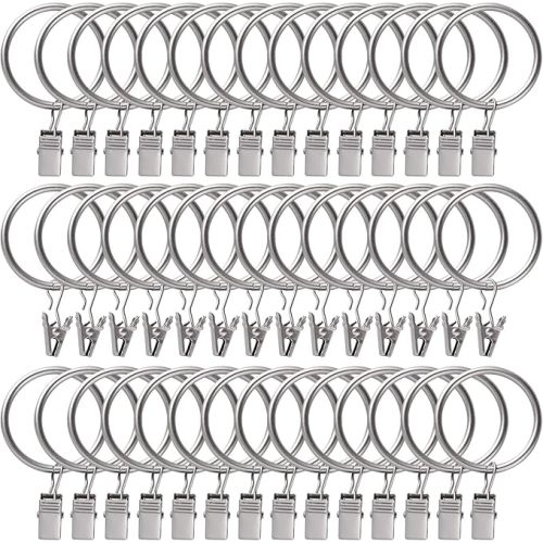 44 Pack Curtain Rings with Clips Hooks 1.26 inch Rustproof Matte Metal Stainless Steel Drapery Rings for Tension Rod Bracket Eyelets Decorative Hangers, Matte Silver (1.26" Interior Diameter)