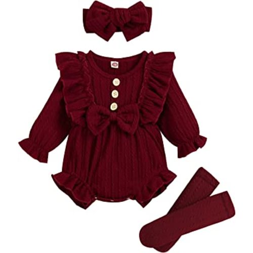 GRNSHTS Newborn Baby Girl Clothes Ruffle Solid Sweater Long Sleeve Romper+Hairband+Socks 3Pcs Fall Winter Outfits