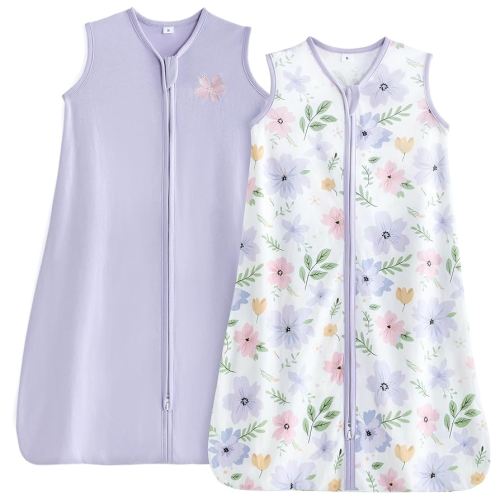 TILLYOU Sleep Sack 6-12 Months - 0.5 TOG Baby Wearable Blanket with 2-Way Zipper, Lightweight Cotton Summer Sleeping sack 2 Pack, Brilliant little flowers and purple